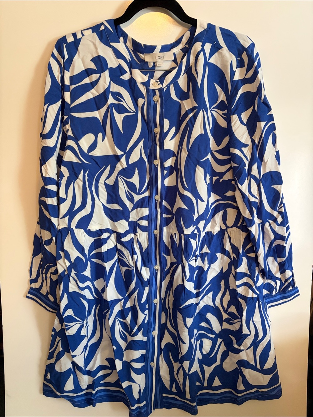 LOFT blue & white Abstract Swirl Print Long Sleeve Dress XL Extra Large